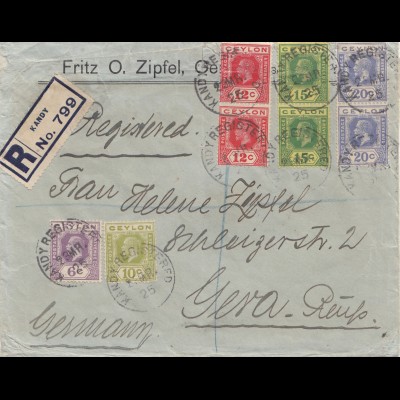 Ceylon: 1925: Registered letter Kandy to Gera/Germany