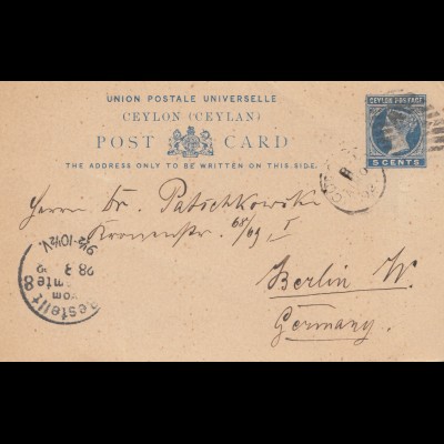 Ceylon: 1892: post card to Berlin 