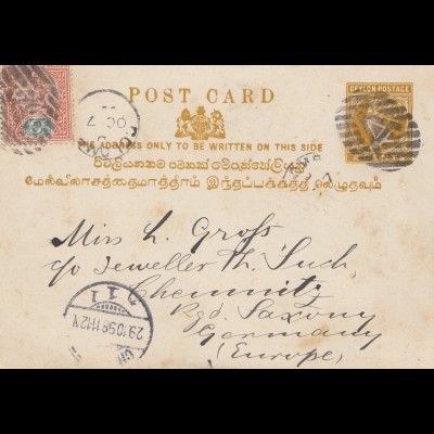 Ceylon: 1898: post card Colombo to Chemnitz