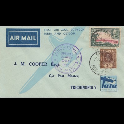 Ceylon: 1936: Air Mail Indo-Ceylon Special Flight Christmas to Trichinopoly