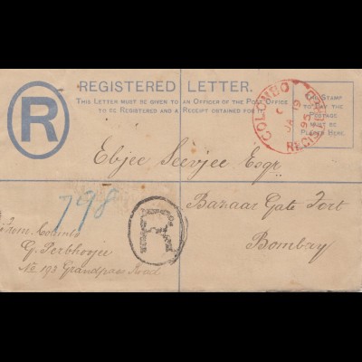 Ceylon 1895: Registered letter Colombo to Bombay/India