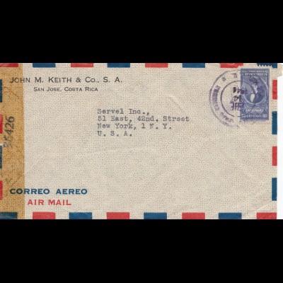 Costa Rica: 1944 San Jose to New York - Censor
