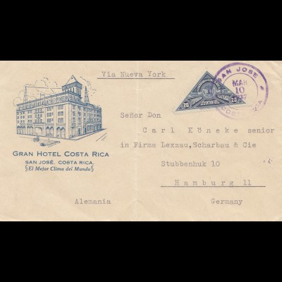 Costa Rica: 1937: San Jose Gran Hotel to Hamburg