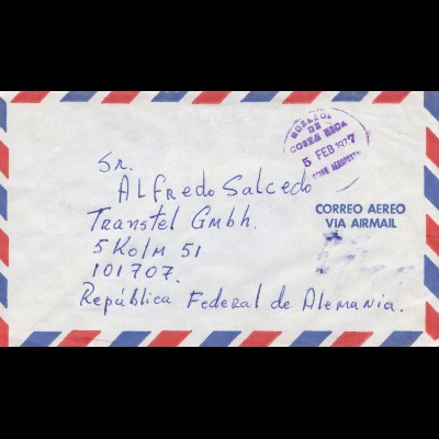 Costa Rica: 1977: letter Correo Aero via Air mail to Köln