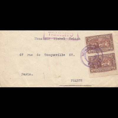 Costa Rica: 1925: letter Transito to Paris