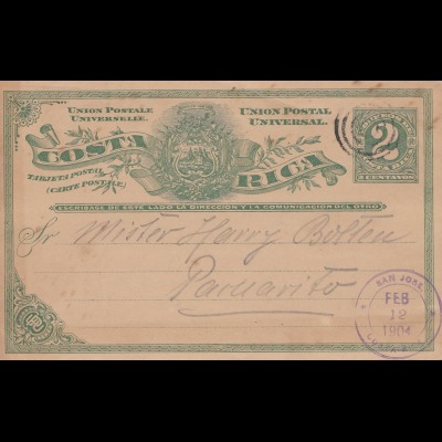 Costa Rica: 1904: post card San Jose to Paruarito