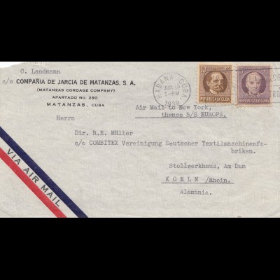 1939: via Ari Mail Matanzsas to Köln - Textil
