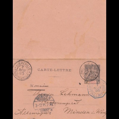 French colonies: Cogo 1895: post card Libreville to Minden