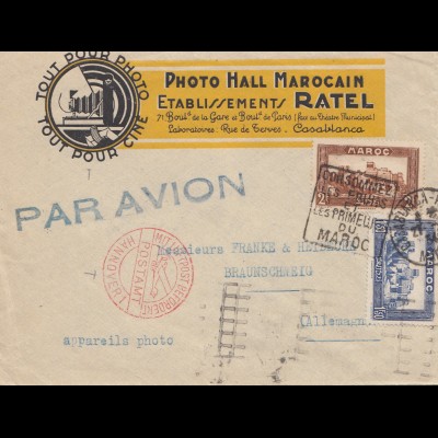 French colonies Maroc 1934: Casablanca Mit Luftpost Hannover to Braunschweig