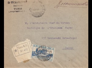 French colonies Tunisie 1931: Registered Tunis censorship to Paris
