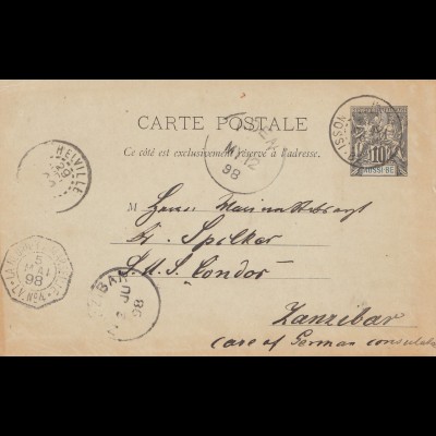 French colonies Nossi-be: post card 1898 to Zanzibar