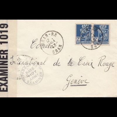 French colonies Algerie 1943 - censor Oran to Geneve - Croix Rouge - censor