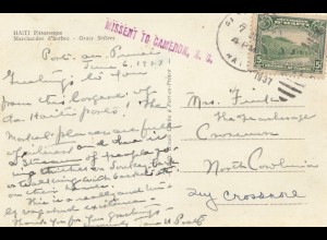 Haiti: 1937: post card Pittorewque to Cameron, Missent to Cameron