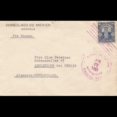 Honduras: 1931: Consulado de Mexico, Ampala via Panama to Berlin