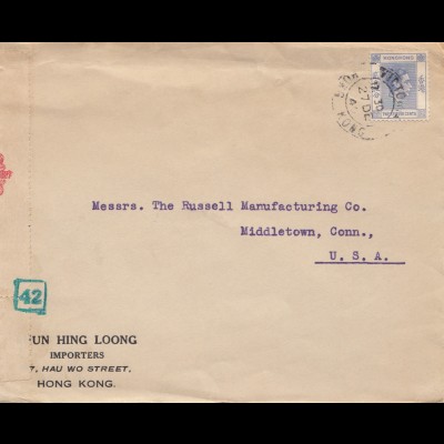 Hong Kong: 1940: letter to Middletown, Conn, censor