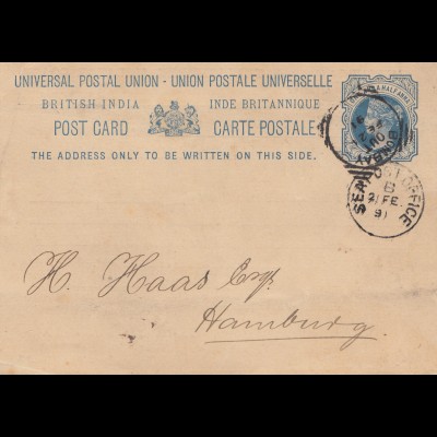 India: 1891 Bombay Tellicherry Malabar coast, sea post card office to Hamburg