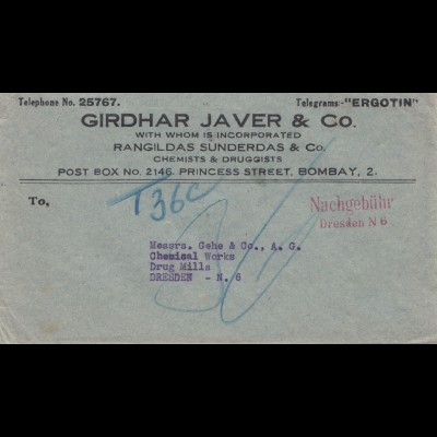 India: 1956: Bombay to Dresden, Taxe - Nachgebühr Dresden N6