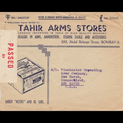 India 1940: Tahir Arms Store, Fishing, Bombay to New Haven/USA, censor