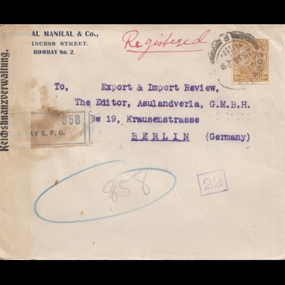 India 1922 regist. Bombay-Berlin, opened Reichsfinanzverwaltung, Postüberwachung