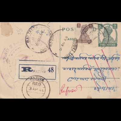 India 1944: Registered post card Patiya 