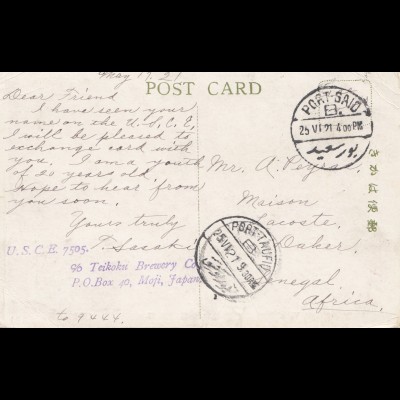 Japan 1921 post card Moji via Porto SAid to Senegal/Africa