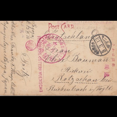 Japan 1913: post card Tokyo to Rotzschau/Reichenbach, prisoner of war-camp Nagoa