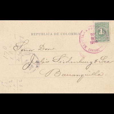 Colombia 1904: post card Cartagena to Barranquilla