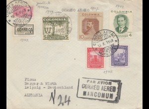 Colombia 1949: air mail Manizales to Leipzig