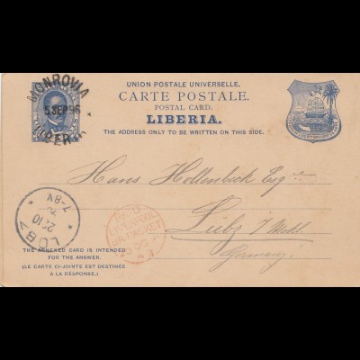 Liberia: 1896: post card Monrovia to Sülz, paid Liverpool