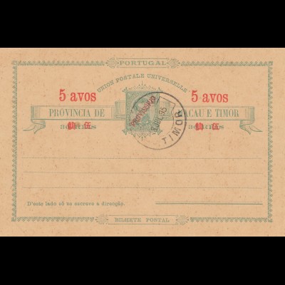 Macau post card 5 avos, 1895 Timor - unused, red overprint