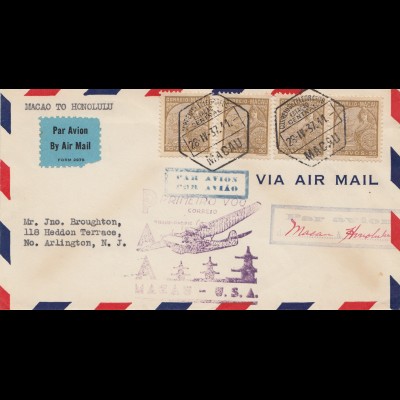 Macau 1937: air mail Macau- Honolulu to USA, first flight to Arlington