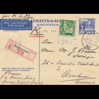 Ned. Indie 1937: post card registered/air mail Soengeipenoeh to Arnheim/Holland