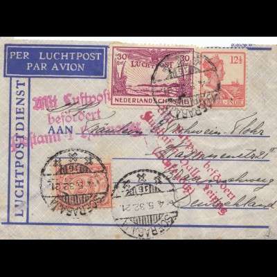 Ned. Indie 1932 to Braunschweig Mit Luftpost befördert,PA Hannover+Halle/Leipzig