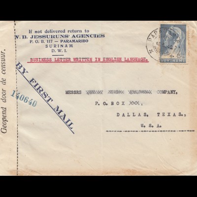 Surinam: Paramaribo 1940: Busines letter to Dallas/Texas, opened by censor