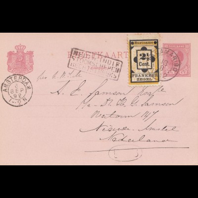 Surinam 1892: post card Paramaribo to Amsterdam
