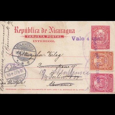 Nicaragua 1907: post card Managua to Berlin, forwarded Schlachtensee
