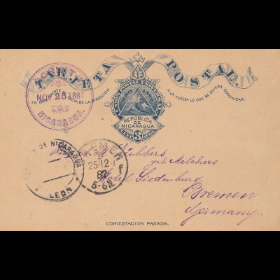 Nicaragua 1887: post card P2 Corinto to Bremen