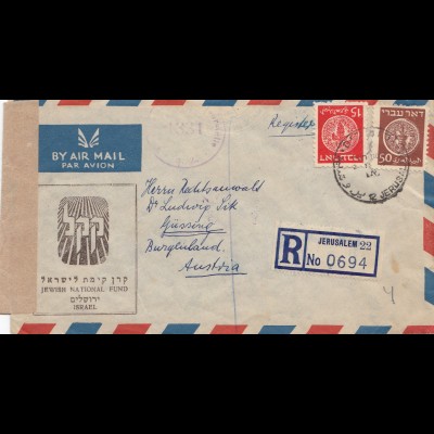 Israel: 1949: air mail registered Jerusalem to Güssing/Austria