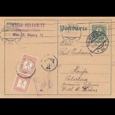 Palestine: 1935: post card Wien to Haifa, Taxe