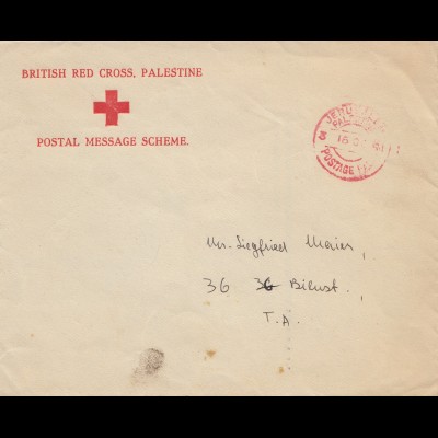 Palestine: 1941: British red cross Jerusalem to Tel Aviv, postage paid