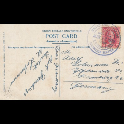 Panama 1929: post card: Jamaica/Kingstown via United Fruit Co Steamship Service