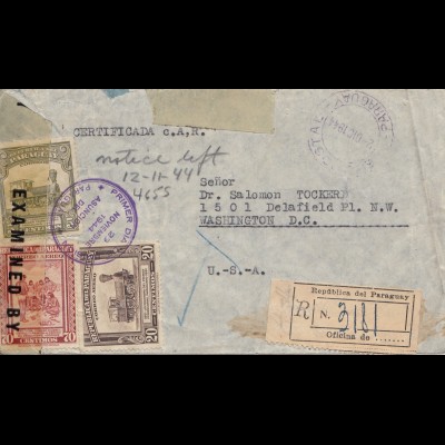 Paraguay 1944: Registered letter Asuncion to Washington, Second notice, censor
