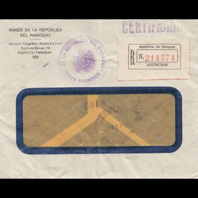 Paraguay 1938: Registered Asuncion, Banco to Milano/Italy
