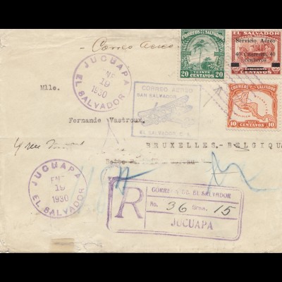 El Salvador 1930: Registered Jucuapa to Brussels/Belgium, aero