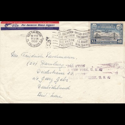 El Salvador 1950: air mail San Salvador to Hamburg, par Avion a New York