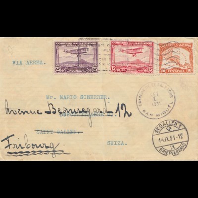 El Salvador 1931: air mail San Miquel to Saint Gallen, forwarded Fribourg/Swiss