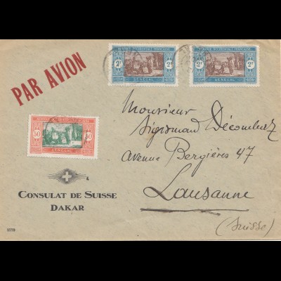 Senegal: 1930: air mail consulat de Suisse to Lausanne
