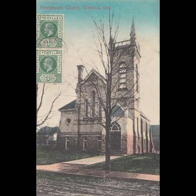 Seychelles, 1914: post card Presbyterian Church Waterloo, Ont to Troyes/France