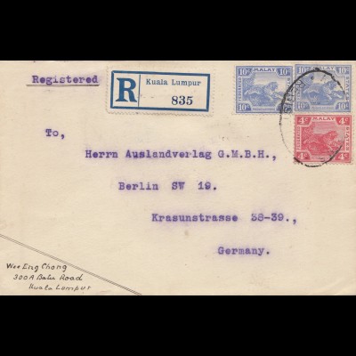 Malaysia: 1922: Registered Kuala Lumpur to Berlin