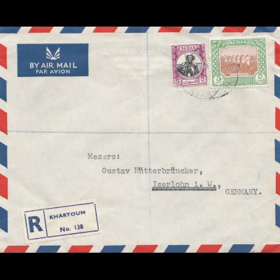 Sudan 1952: air mail registered No. 138 Khartoum 2 to Iserlohn